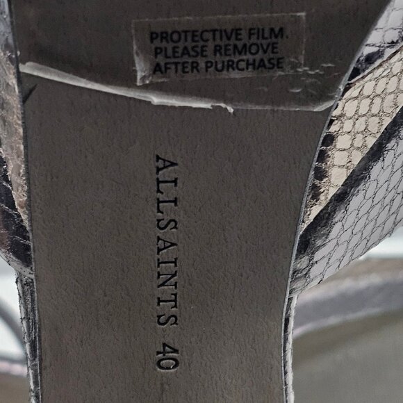 AllSaints Tia Platform Heel Sandal Womens 10 Metallic Bronze Gold Gray Embossed - Picture 15 of 16